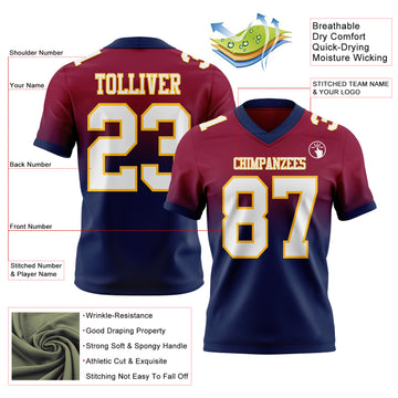 Custom Maroon White Navy-Gold Authentic Fade Fashion Football Jersey