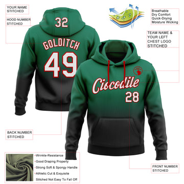 Custom Stitched Kelly Green White Black-Red Fade Fashion Sports Pullover Sweatshirt Hoodie