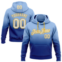 Load image into Gallery viewer, Custom Stitched Light Blue White Royal-Gold Fade Fashion Sports Pullover Sweatshirt Hoodie
