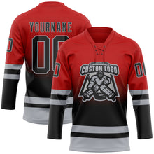 Laden Sie das Bild in den Galerie-Viewer, Custom Red Black-Gray Fade Fashion Hockey Lace Neck Jersey