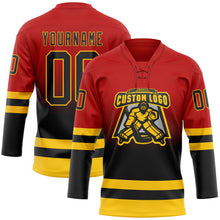 Laden Sie das Bild in den Galerie-Viewer, Custom Red Black-Yellow Fade Fashion Hockey Lace Neck Jersey