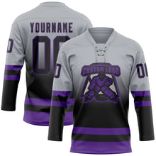 Laden Sie das Bild in den Galerie-Viewer, Custom Gray Black-Purple Fade Fashion Hockey Lace Neck Jersey