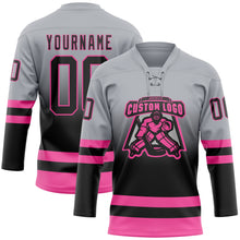 Laden Sie das Bild in den Galerie-Viewer, Custom Gray Black-Pink Fade Fashion Hockey Lace Neck Jersey