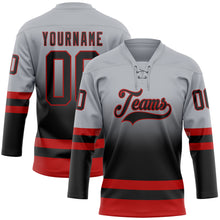 Laden Sie das Bild in den Galerie-Viewer, Custom Gray Black-Red Fade Fashion Hockey Lace Neck Jersey
