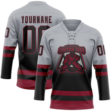 Laden Sie das Bild in den Galerie-Viewer, Custom Gray Black-Crimson Fade Fashion Hockey Lace Neck Jersey