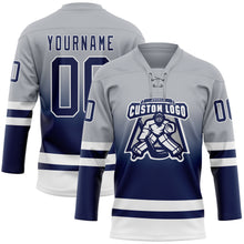 Laden Sie das Bild in den Galerie-Viewer, Custom Gray Navy-White Fade Fashion Hockey Lace Neck Jersey