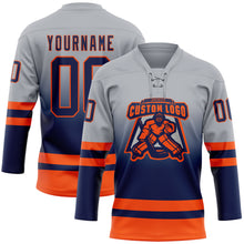 Laden Sie das Bild in den Galerie-Viewer, Custom Gray Navy-Orange Fade Fashion Hockey Lace Neck Jersey