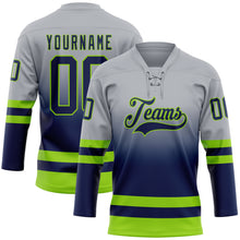 Laden Sie das Bild in den Galerie-Viewer, Custom Gray Navy-Neon Green Fade Fashion Hockey Lace Neck Jersey