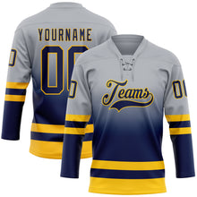 Laden Sie das Bild in den Galerie-Viewer, Custom Gray Navy-Gold Fade Fashion Hockey Lace Neck Jersey