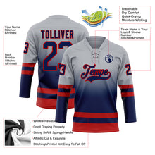 Laden Sie das Bild in den Galerie-Viewer, Custom Gray Navy-Red Fade Fashion Hockey Lace Neck Jersey