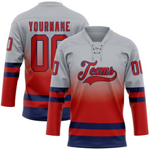 Laden Sie das Bild in den Galerie-Viewer, Custom Gray Red-Navy Fade Fashion Hockey Lace Neck Jersey