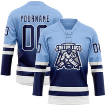 Laden Sie das Bild in den Galerie-Viewer, Custom Light Blue Navy-White Fade Fashion Hockey Lace Neck Jersey