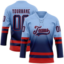 Laden Sie das Bild in den Galerie-Viewer, Custom Light Blue Navy-Red Fade Fashion Hockey Lace Neck Jersey