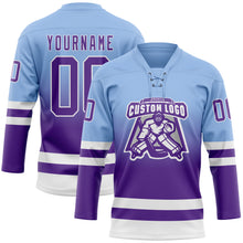 Laden Sie das Bild in den Galerie-Viewer, Custom Light Blue Purple-White Fade Fashion Hockey Lace Neck Jersey