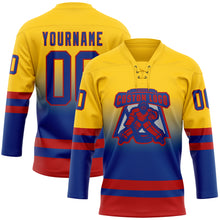 Laden Sie das Bild in den Galerie-Viewer, Custom Yellow Royal-Red Fade Fashion Hockey Lace Neck Jersey