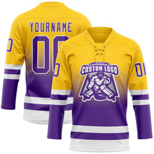 Charger l'image dans la galerie, Custom Yellow Purple-White Fade Fashion Hockey Lace Neck Jersey