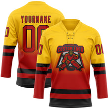 Laden Sie das Bild in den Galerie-Viewer, Custom Yellow Red-Black Fade Fashion Hockey Lace Neck Jersey