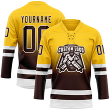 Load image into Gallery viewer, Custom Yellow Brown-White Fade Fashion Hockey Lace Neck Jersey