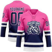 Charger l'image dans la galerie, Custom Pink Navy-White Fade Fashion Hockey Lace Neck Jersey