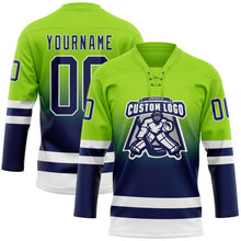 Загрузить изображение в средство просмотра галереи, Custom Neon Green Navy-White Fade Fashion Hockey Lace Neck Jersey