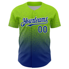 Laden Sie das Bild in den Galerie-Viewer, Custom Neon Green Royal-White Fade Fashion Speckle Authentic Baseball Jersey