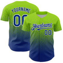 Laden Sie das Bild in den Galerie-Viewer, Custom Neon Green Royal-White Fade Fashion Speckle Authentic Baseball Jersey