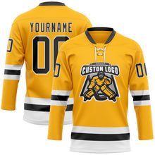 Load image into Gallery viewer, Custom Gold Black-White Hockey Lace Neck Jersey