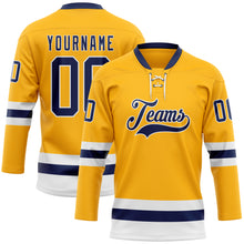 Load image into Gallery viewer, Custom Gold Navy-White Hockey Lace Neck Jersey