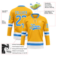Load image into Gallery viewer, Custom Gold Powder Blue-White Hockey Lace Neck Jersey