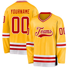 Load image into Gallery viewer, Custom Gold Red-White Hockey Jersey