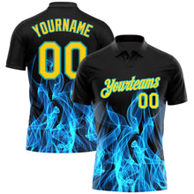 Load image into Gallery viewer, Custom Black Yellow-Teal 3D Pattern Design Flame Performance Golf Polo Shirt