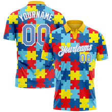 Загрузить изображение в средство просмотра галереи, Custom Light Blue White 3D Pattern Design Autism Awareness Puzzle Pieces Performance Golf Polo Shirt