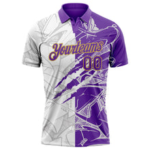 Laden Sie das Bild in den Galerie-Viewer, Custom Graffiti Pattern Purple-Old Gold 3D Scratch Performance Golf Polo Shirt