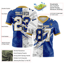 Laden Sie das Bild in den Galerie-Viewer, Custom Royal White-Old Gold Authentic Gradient Fashion Scratch Football Jersey