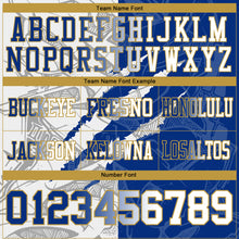 Laden Sie das Bild in den Galerie-Viewer, Custom Royal White-Old Gold Authentic Gradient Fashion Scratch Football Jersey