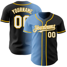 Load image into Gallery viewer, Custom Black White Light Blue-Gold Authentic Gradient Fashion Baseball Jersey