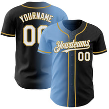 Load image into Gallery viewer, Custom Black White Light Blue-Old Gold Authentic Gradient Fashion Baseball Jersey