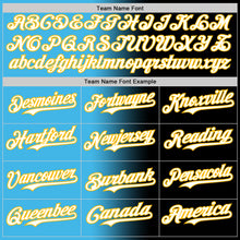 Load image into Gallery viewer, Custom Black White Sky Blue-Gold Authentic Gradient Fashion Baseball Jersey