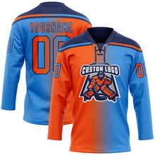 Load image into Gallery viewer, Custom Powder Blue Orange-Navy Gradient Fashion Hockey Lace Neck Jersey