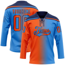 Load image into Gallery viewer, Custom Powder Blue Orange-Navy Gradient Fashion Hockey Lace Neck Jersey