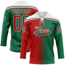 Load image into Gallery viewer, Custom Kelly Green Red-White Gradient Fashion Hockey Lace Neck Jersey