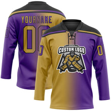 Load image into Gallery viewer, Custom Purple Old Gold-Black Gradient Fashion Hockey Lace Neck Jersey