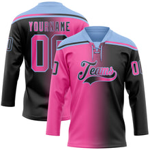 Laden Sie das Bild in den Galerie-Viewer, Custom Black Pink-Light Blue Gradient Fashion Hockey Lace Neck Jersey