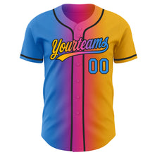 Load image into Gallery viewer, Custom Gold Electric Blue Pink-Black Authentic Gradient Fashion Baseball Jersey