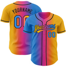Load image into Gallery viewer, Custom Gold Electric Blue Pink-Black Authentic Gradient Fashion Baseball Jersey