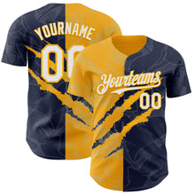 Загрузить изображение в средство просмотра галереи, Custom Graffiti Pattern White Navy-Gold 3D Scratch Authentic Baseball Jersey