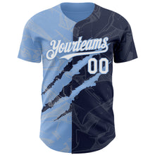 Загрузить изображение в средство просмотра галереи, Custom Graffiti Pattern White Navy-Light Blue 3D Scratch Authentic Baseball Jersey