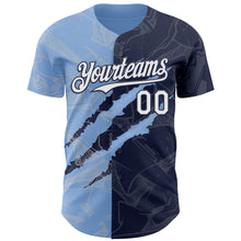 Загрузить изображение в средство просмотра галереи, Custom Graffiti Pattern White Navy-Light Blue 3D Scratch Authentic Baseball Jersey