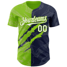 Загрузить изображение в средство просмотра галереи, Custom Graffiti Pattern White Navy-Neon Green 3D Scratch Authentic Baseball Jersey