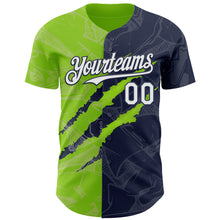 Загрузить изображение в средство просмотра галереи, Custom Graffiti Pattern White Navy-Neon Green 3D Scratch Authentic Baseball Jersey